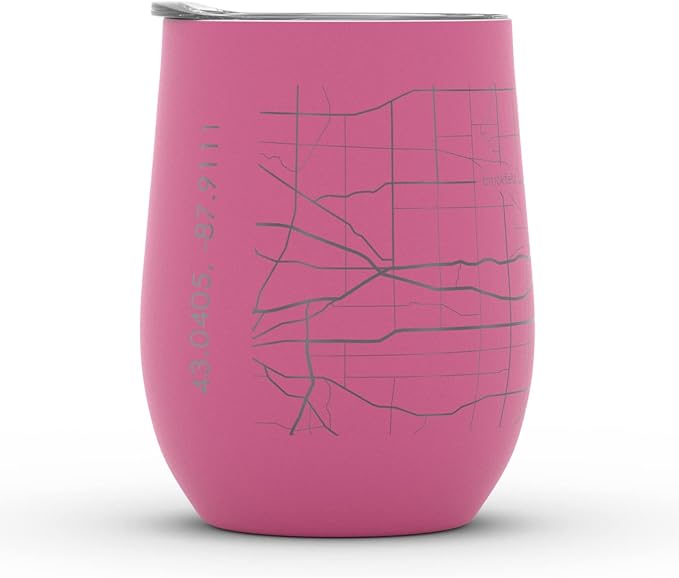 Well Told Engraved Milwaukee Wisconsin Map Insulated Wine Tumbler, Etched Stainless Steel Cup (12 oz, Sunset Pink) City Map Insulated Tumbler, Custom Insulated Tumbler, Outdoor Drinkware