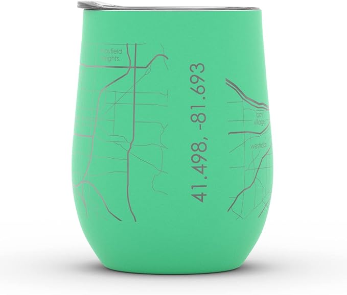 Well Told Engraved Cleveland Ohio Map Insulated Wine Tumbler, Etched Stainless Steel Cup (12 oz, Sunday Green) City Map Insulated Tumbler, Custom Insulated Tumbler, Outdoor Drinkware