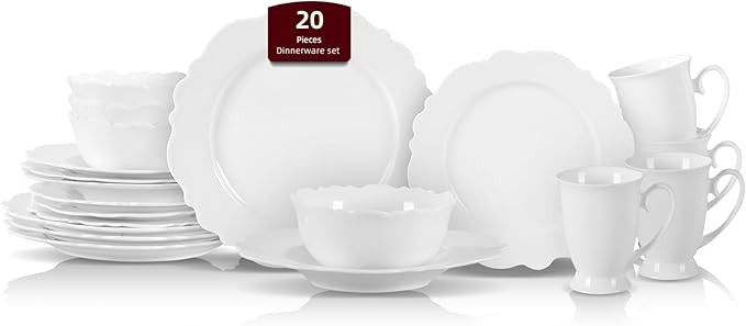 HomeVss, New Bone China Dinnerware Set Embossed Winds, Service for 4-20pc Set
