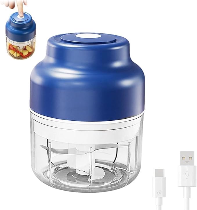 Electric Garlic Chopper with USB Rechargeable Design, Portable Food Processor for Garlic, Onion, Chili, Nuts, Vegetables, One-Touch Mini Kitchen Helper (Blue, 250ml)