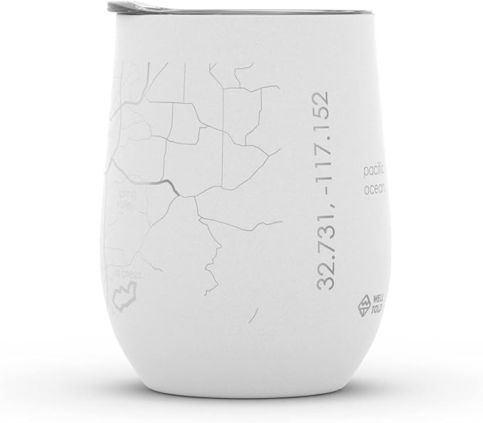 Well Told Engraved San Diego California Map Insulated Wine Tumbler, Etched Stainless Steel Wine Tumbler (12 oz, White) City Map Insulated Tumbler, Custom Insulated Tumbler, Outdoor Drinkware