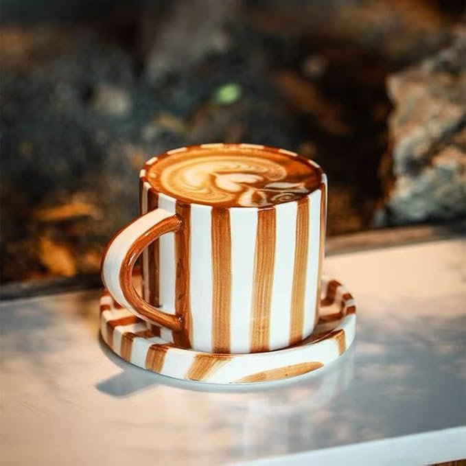 8Oz Stylish Handmade Vertical Striped Coffee Mug Espresso Cups With Saucer, Small Hand painted Ceramic Cappuccino Mugs, Glazed Tea Cup, Microwave safe Latte art mug(Brown), Fall mug