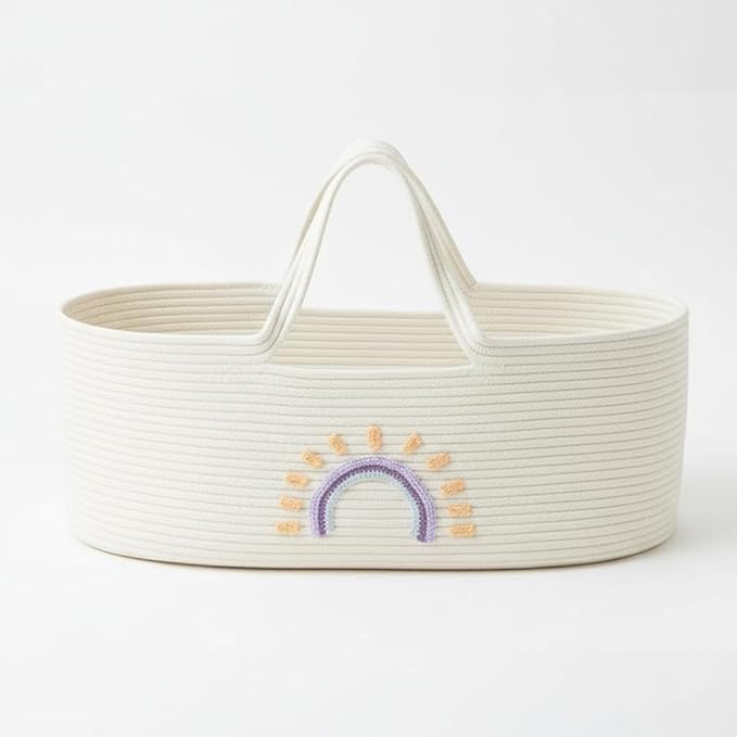 Breathable Foldable Baby Bassinet Basket, Cotton Rope Storage Organizer with Handles for Newborn Nap, Nursery, Living Room, Pet Carrier 28 × 16in