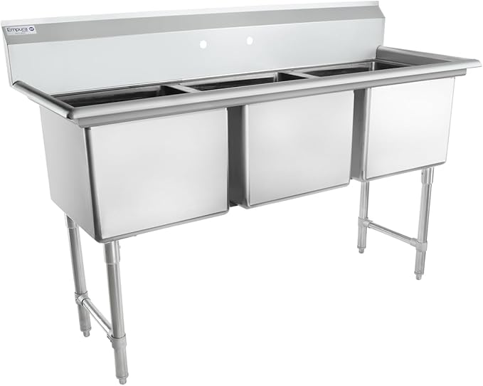 63" Wide Stainless Steel Three Compartment Commercial Sink | Prep Utility 18" x 18" Bowl for Restaurant Laundry | 3.5" Drain Basket, 9.75" Backsplash, 63"W x 23.5"D x 44.25"H, 16 Gauge, NSF