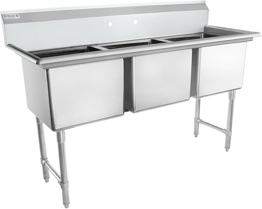 63" Wide Stainless Steel Three Compartment Commercial Sink | Prep Utility 18" x 18" Bowl for Restaurant Laundry | 3.5" Drain Basket, 9.75" Backsplash, 63"W x 23.5"D x 44.25"H, 16 Gauge, NSF