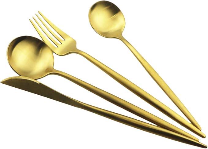 Gugrida Gold Flatware, Royal 5 Piece Luxury Matte Finish 18/10 Stainless Steel Tableware Sets for 1 Including Forks Spoons Knives, Camping Silverware Travel Utensils Set Cutlery (Gold)