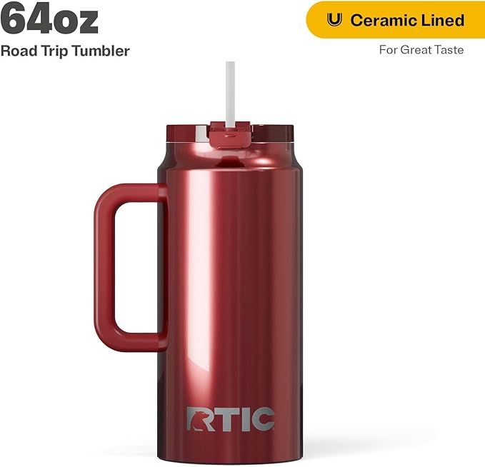 RTIC 64oz Road Trip Tumbler with Handle, Lid and Straw, Ceramic Lined, Insulated, Stainless Steel, Double Wall Vacuum-Insulation, Travel Cup, Black Cherry Metallic