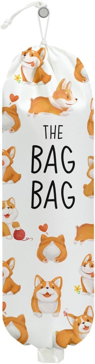 Dog Plastic Bag Holder, Wall Mount Grocery Bag Holder for Plastic Storage bag, Washable Storage Organizer Reusable Grocery Bags, Pull Rope Free Adjustment, Dog Lovers Gifts for Women