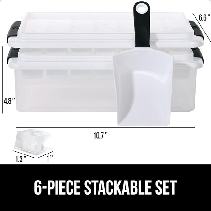 GORILLA GRIP BPA-Free Easy Release Stackable Ice Cube Tray for Freezer, Set Makes 56 Cubes for Cocktails, Coffee, Bucket Kit Includes 2 Leakproof Trays with Lid and Scooper, Holiday Hosting, Black