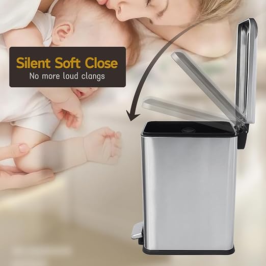 Bathroom Trash Can 2.6 Gallon with Lid, Garbage Can with a Soft Close lid, 10l Stainless Slim Step Trash Can with Removable Inner Bucket for Bathroom,Bedroom,Home Office