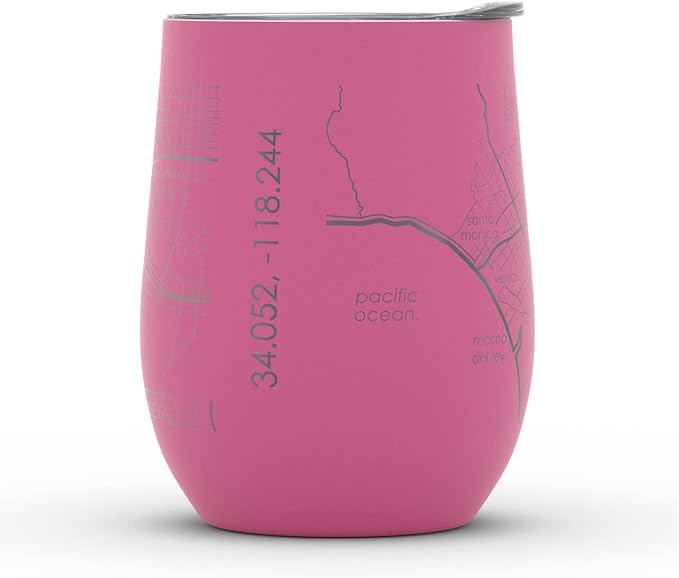 Well Told Engraved Los Angeles California Map Insulated Wine Tumbler, Etched Stainless Steel Cup (12 oz, Sunset Pink) City Map Insulated Tumbler, Custom Insulated Tumbler, Outdoor Drinkware