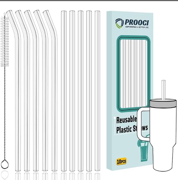 PROOCI 10-Pack 12" Replacement Straws for Stanley & Yeti 30oz-40oz Cup Tumbler, Food Grade Tritan Plastic Reusable Straws with Cleaning Brush, Clear Long Straw for Drinking Smoothie, Cocktails, Juice