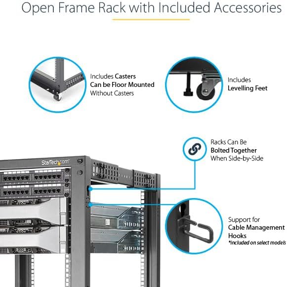 StarTech.com 4-Post 12U Mobile Open Frame Server Rack, 19in Network Rack with Wheels, Rolling Rack for Computer/AV/Data/IT Equipment - Casters, Leveling Feet or Floor Mounting (4POSTRACK12U)