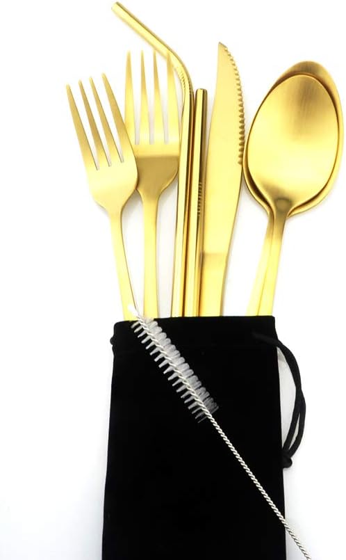 Gold Reusable Utensils with Case Camping Travel Silverware Set,Portable Stainless Steel Cutlery Set - Matte Flatware Set Knife Fork Spoon Mirror Straws Chopsticks - for Office Lunch, Hiking, School