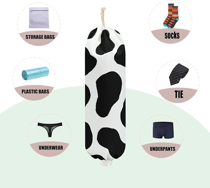 2Pcs Cow Plastic Bag Holder 22.5x9 Inch, Cute Cows Wall Mount Plastic Bag Organizer with Drawstring, Reusable Grocery Bags Storage Dispenser for Home Kitchen Pantry Decor, Cow Gifts for Women Mom