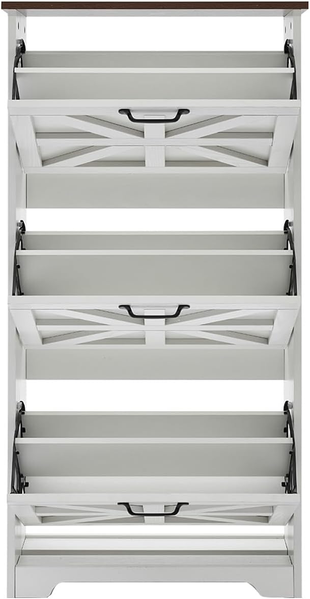 Shoe Storage Cabinet with 3 Flip Drawers, Farmhouse Shoe Organizer with Barn Door Design, Space-Saving Hidden Narrow Shoe Rack Cabinet for Entryway, Hallway & Foyer，White