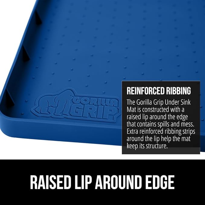 GORILLA GRIP Waterproof Silicone Under Sink Mat with Raised Lip for Kitchen and Bathroom, 46 x 22 in, Cabinet Shelf Liner Stay in Place Mats Dishwasher Safe Drawer Liner, Organizer Tray, Blue