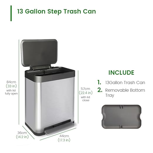 13 Gallon Step Trash Can, Large Capacity Kitchen Garbage Can, Tall Stainless Steel Liner Free Garbage Bin, Rectangular Metal Trash Can with Soft Closed&Stay Open Lid, 50 Liter