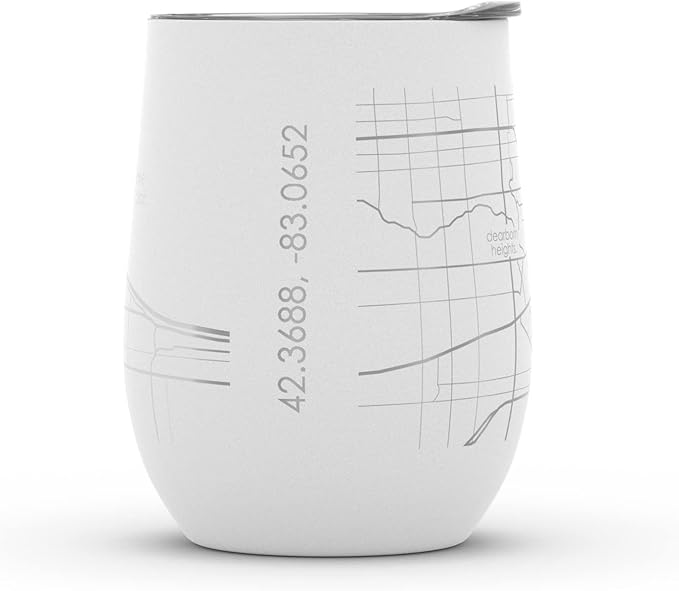 Well Told Engraved Detroit Michigan Map Insulated Wine Tumbler, Etched Stainless Steel Wine Tumbler (12 oz, White) City Map Insulated Tumbler, Custom Insulated Tumbler, Outdoor Drinkware