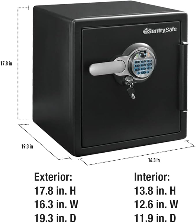 SentrySafe Fireproof and Waterproof Home Safe with Biometric Fingerprint Lock, Keypad, and Key Lock for Securing Money, Jewelry, Documents, 1.23 Cubic Feet, SFW123BTC