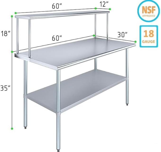 Stainless Steel Work Table with Wide Single Tier Overshelf | Metal Kitchen Prep Table & Shelving Combo (30" x 60" Work Table + 12" Overshelf)