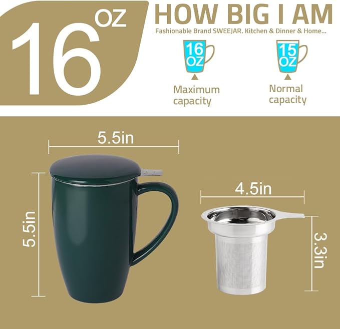 Sweejar Porcelain Tea Infuser Mug with Lid, 16 oz Teacup with Strainers for Loose Leaf Tea, Microwave and Dishwasher Safe Coffee Mug(Purple)
