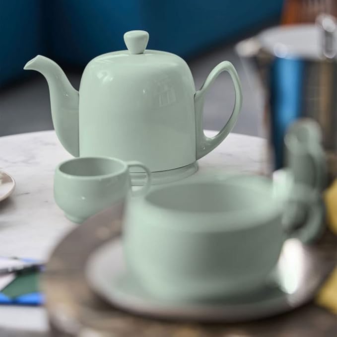 Degrenne Salam Luxury French Tea Pot - Porcelain Teapot with Stainless Steel Cover, Ceramic Tea Kettle for Loose Tea, Removable Infuser, 4 Cup Capacity, 24oz - Monochrome Mint