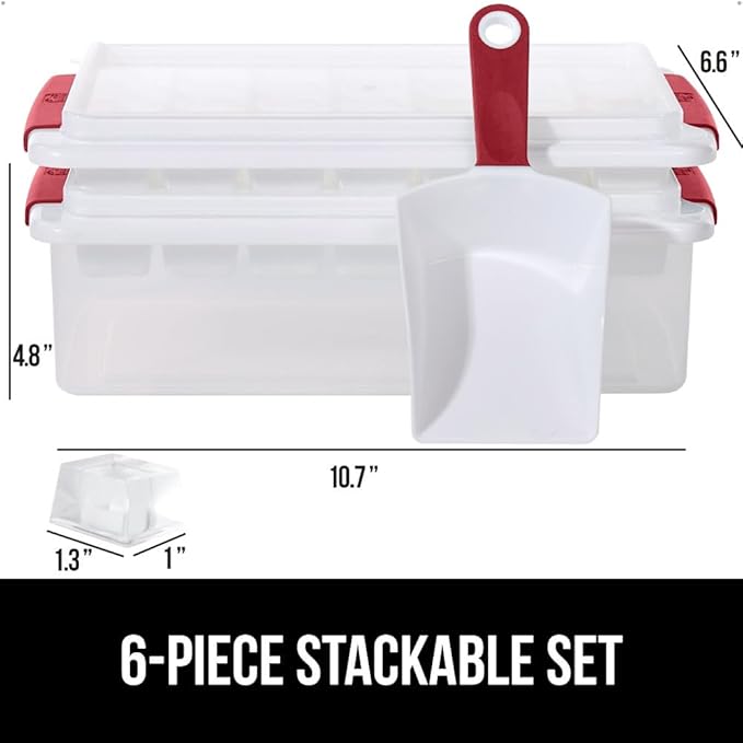 GORILLA GRIP BPA-Free Easy Release Stackable Ice Cube Tray for Freezer, Set Makes 56 Cubes for Cocktail Drinks, Coffee, Bucket Kit Includes 2 Leakproof Trays with Lid and Scooper, Kitchen Tool, Red