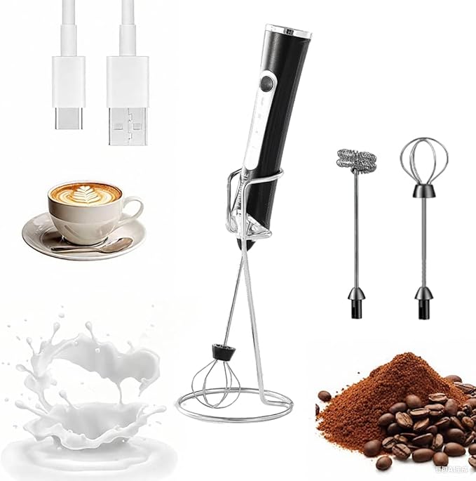 Rechargable Milk Frother, Handheld Drink Mixer with Whisk Attachment, 2025 upgraded powerfull 3 speed motor, Type C charging with charge light, with extra egg mix head (Black with Stand)