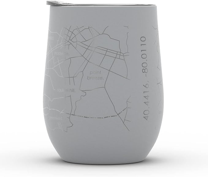 Well Told Engraved Pittsburgh Pennsylvania Map Insulated Wine Tumbler, Etched Stainless Steel Cup (12 oz, Dockside Gray) City Map Insulated Tumbler, Custom Insulated Tumbler, Outdoor Drinkware