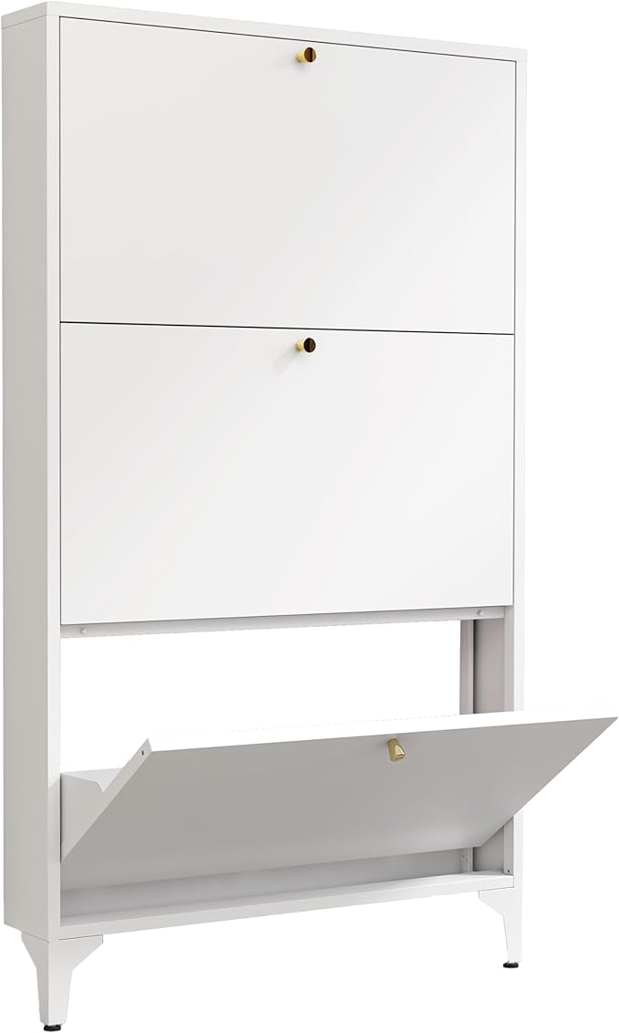 Shoe Cabinet with 3 Flip Drawers, Narrow Shoe Storage Cabinet, Farmhouse Shoe Organizer, Freestanding Organizer with Metal Legs for Entryway, Foyer (3 Door, White)