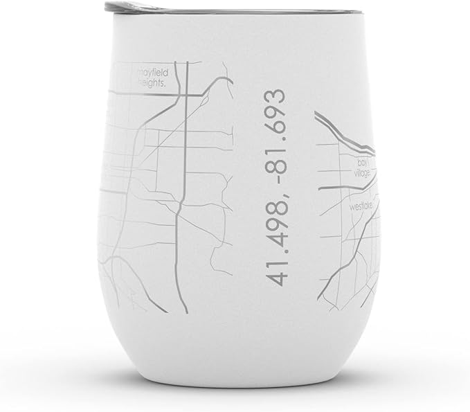 Well Told Engraved Cleveland Ohio Map Insulated Wine Tumbler, Etched Stainless Steel Wine Tumbler (12 oz, White) City Map Insulated Tumbler, Custom Insulated Tumbler, Outdoor Drinkware