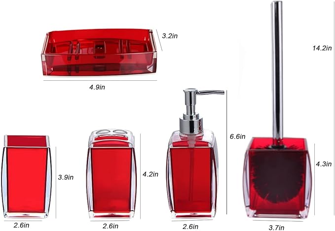 5 Pcs Red Acrylic Bathroom Accessories Set Complete, Lotion/Soap Dispenser, Soap Dish, Toothbrush Holder, Tumbler, Toilet Brush and Holder, Modern Bathroom Decor and Housewarming Gift Set,Red
