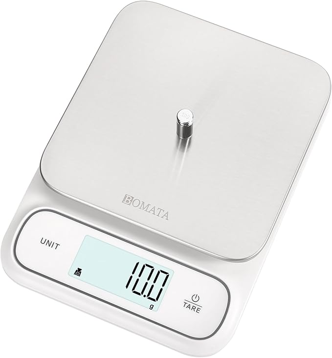 BOMATA Waterproof IPX6 Kitchen Scale, 0.1 g/0.01 oz High Precision, 5 kg/11 lbs, Digital Scale with Backlight, Stainless Steel Weighing Platform, for Food, Cooking, Baking, Weight Loss.. B619, Milky