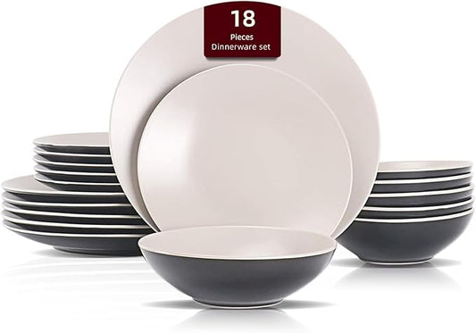 Stoneware Two-Tone Colors Life 18pc Dinner Set, Outside Shiny Black + Inside Matte Glaze Light Beige