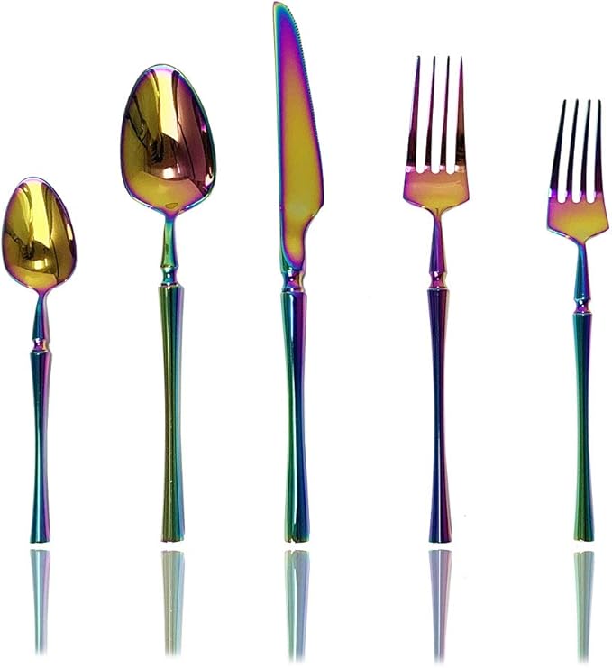 JASHII 5 Pieces Rainbow Silverware Set, Cutlery Set, Service for 1, Stainless Steel Flatware Set, Ideal for Wedding Festival Party Home Kitchen, Dishwasher Safe (Rainbow)