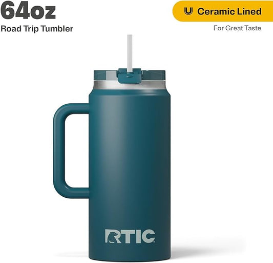 RTIC 64oz Road Trip Tumbler with Handle, Lid and Straw, Ceramic Lined, Insulated, Stainless Steel, Double Wall Vacuum-Insulation, Travel Cup, Marine