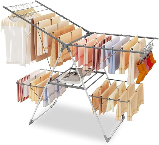 Bigzzia Clothes Drying Rack Foldable, 2-Level Large Laundry Drying Rack Collapsible, Stainless Steel Drying Rack Clothing for Indoor Outdoor, Easy to Fold, 33 Drying Rails, 142cm, Gray