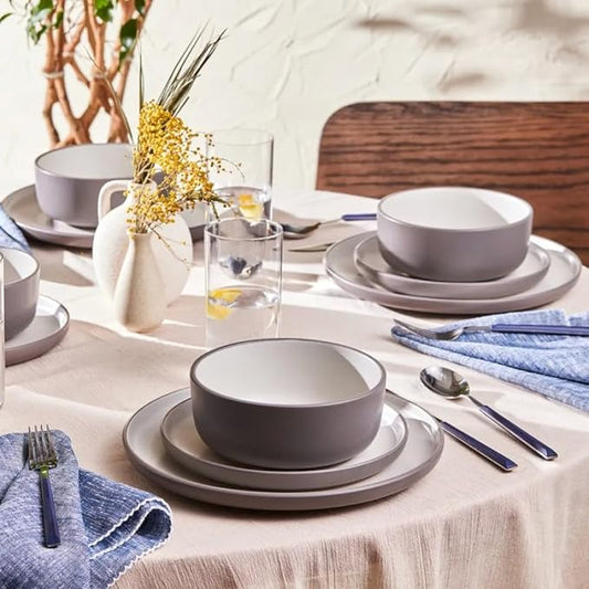 Karaca Riley 18-Piece Stoneware Plates and Bowls Set - Kitchen Dinnerware Sets for 6 - Grey Elegant Design Dish Set for Family Meals and Entertaining & Dishwasher Safe