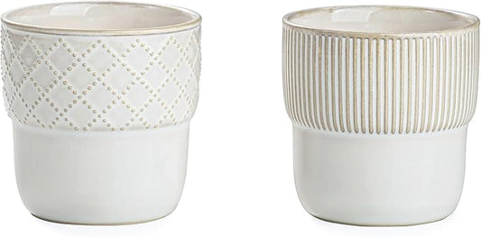 Espresso Cups Set of 2, 4oz Espresso Shot Cups, Mini Coffee Mugs Farmhouse Decor, Demitasse Cup Perfect for Coffee Maker, Microwave and Dishwasher Safe, (Embossed Stripes+Checks