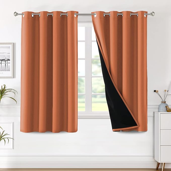 H.VERSAILTEX Cold Blocking Curtains, 100% Blackout Curtains Thermal, Noise Reduction and Privacy Curtains for Bedroom, Black Lined Blackout Drapes with Grommet Top, 1 Pair, W52 x L63, Burnt Orange