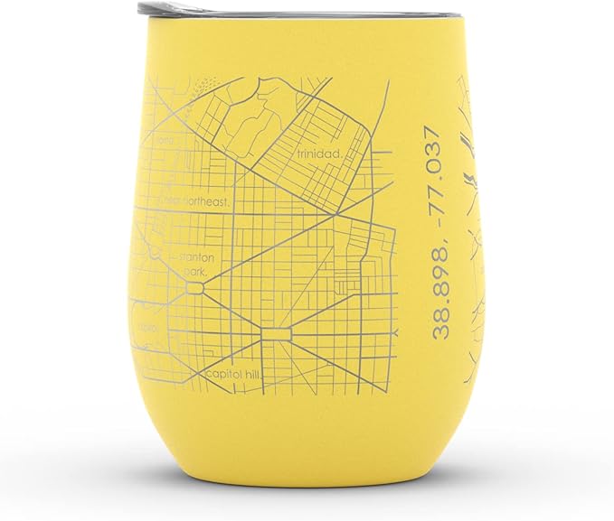 Well Told Engraved Washington DC Map Insulated Wine Tumbler, Etched Stainless Steel Cup (12 oz, Sunrise Yellow) City Map Insulated Tumbler, Custom Insulated Tumbler, Outdoor Drinkware