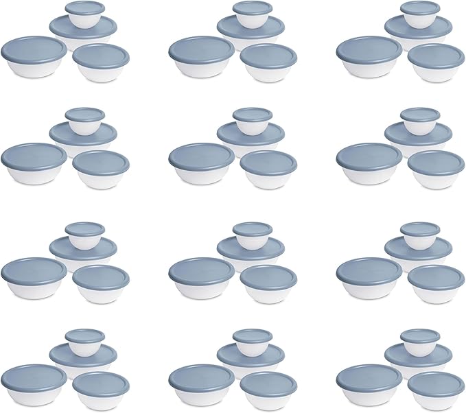 Sterilite Covered Bowl Set, Plastic Nesting Kitchen Mixing Bowls with Pour Spout, Meal Prep Food Storage Containers with Lids, Washed Blue (Set of 12)