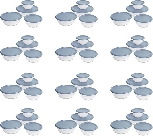 Sterilite Covered Bowl Set, Plastic Nesting Kitchen Mixing Bowls with Pour Spout, Meal Prep Food Storage Containers with Lids, Washed Blue (Set of 12)