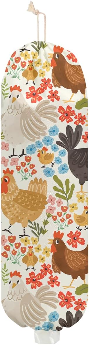 Chicken Gifts Plastic Bag Holder, Flower Wall Mount Grocery Bag Holder for Plastic Bags, Large Washable Grocery Bags Storage Dispenser for Home Kitchen Pantry Decor, Funny Chicken Gifts for Women Mom