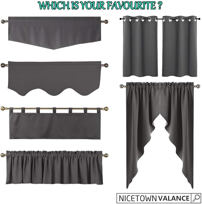 NICETOWN Swag Curtains for Kitchen, Home Fashion Rod Pocket Blackout Short Window Tiers Energy Efficient Drapes for Basement, 36W x 63L per Panel, 1 Pair, Sliver Grey