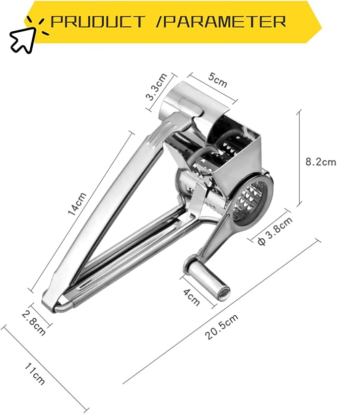 Manual Rotary Cheese Grater, 304 Stainless Steel Rotary Cheese Grater, Hand-Crank Cheese Shredder for Parmesan, Cheddar, Chocolate, Nuts & Vegetables, Manual Cheese Grinder