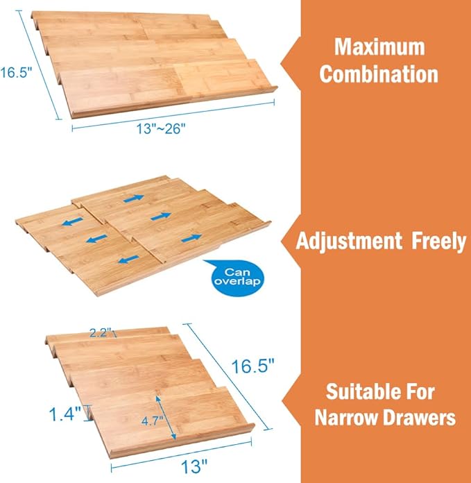 Bamboo Spice Drawer Organizer, 4 Tier In Drawer Spices Rack for Cabinet Drawer Expandable From 13" to 26", Stackable Seasoning Storage Organizer Insert