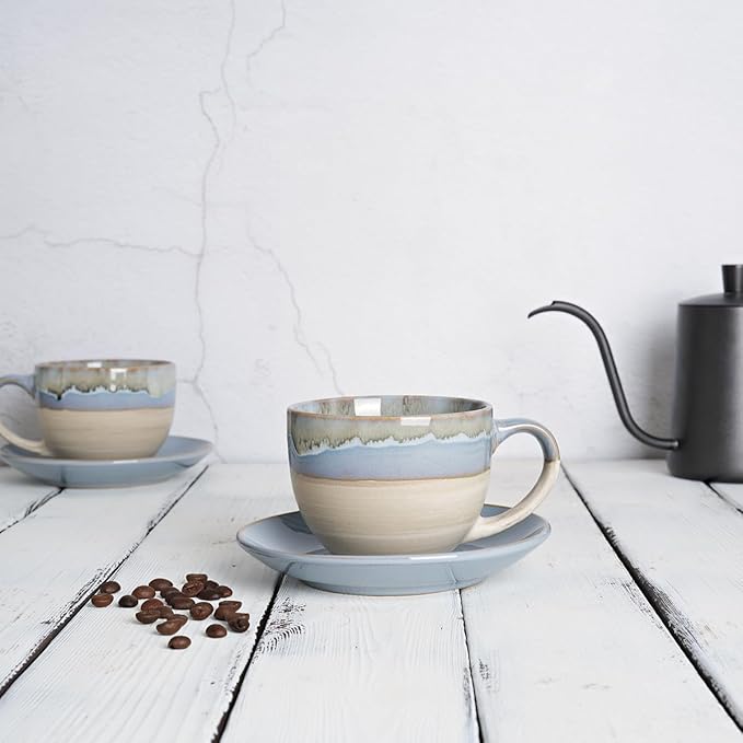 Bosmarlin Ceramic Cappuccino Cup and Saucer Set of 2, 10 Oz, Coffee Cups for Latte, Espresso, Tea, Dishwasher and Microwave Safe, Reavtive Glaze (Light Blue)