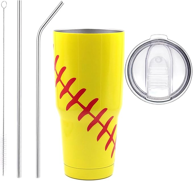 FMYWZS 30 oz Softball Tumbler, Double Wall Vacuum Insulated Stainless Steel Cup Travel Mug with Lid and Straw, Softball Accessories Stuff Gifts for Mom Men Boys Girls